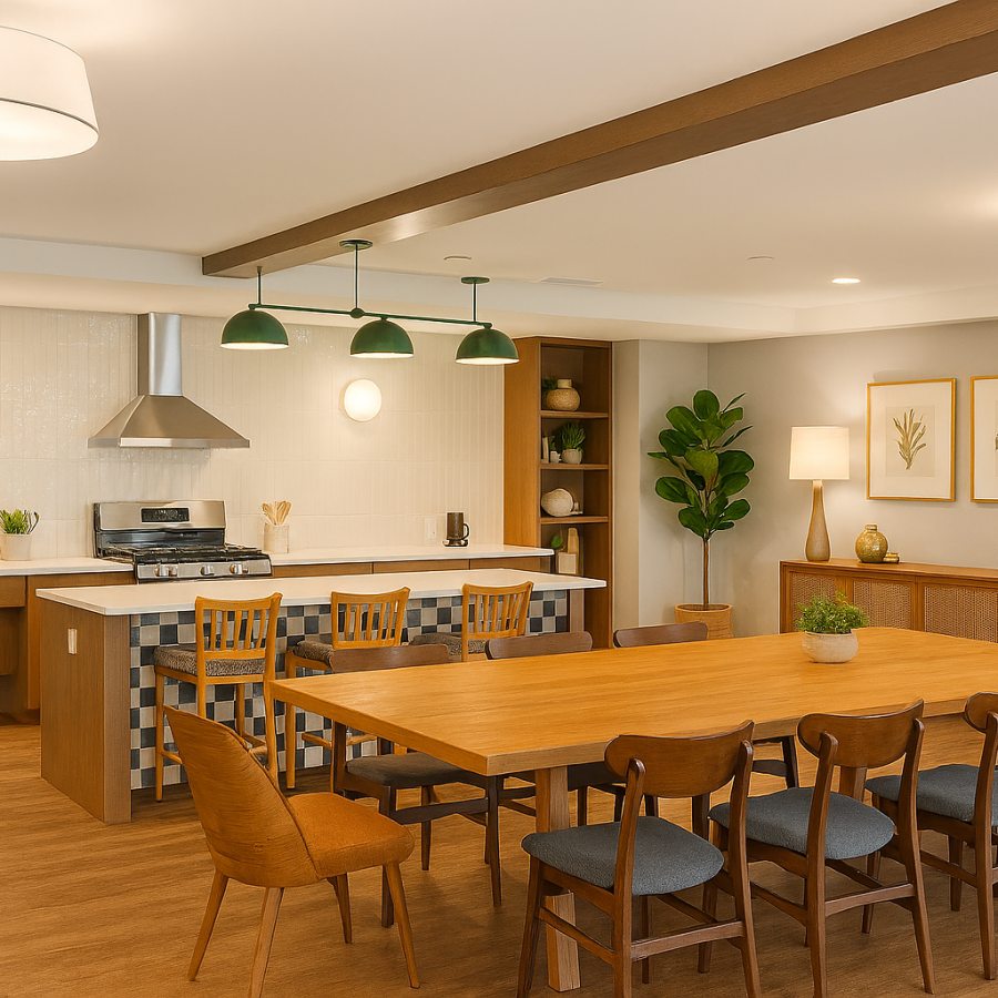 Community room with community kitchen, dining, and tv lounge, Solace Grove. 