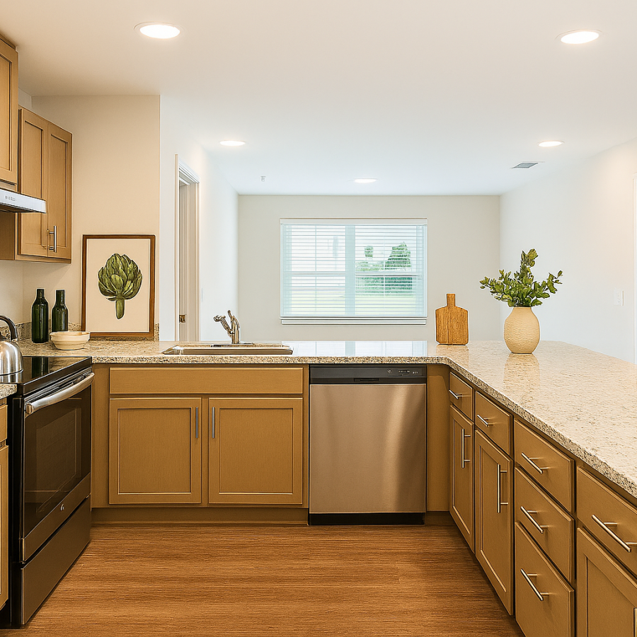 Open floorplan kitchen & living space, Solace Grove. 